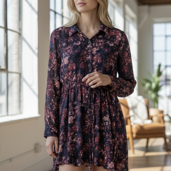 Zara Sheer Pink & Black Floral Shirt Dress size small - Picture 1 of 8